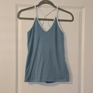 Prospirit Blue V-Neck Crisscross Cami with White Trim. Inner Bra Lining Size S